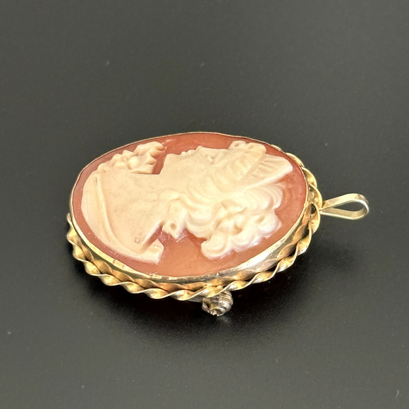 Vintage 14K Solid Yellow Gold Carved Shell Left Facing Cameo Brooch Pin Pendant - Picture 5 of 13